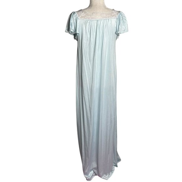 Vintage 80s Nightgown Robe Pengoir Set Medium Blue Lace Nylon Short Sleeves - Picture 8 of 10